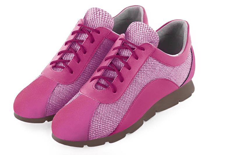 Fuschia pink women's one-tone elegant sneakers. Round toe. Flat rubber soles. Front view - Florence KOOIJMAN